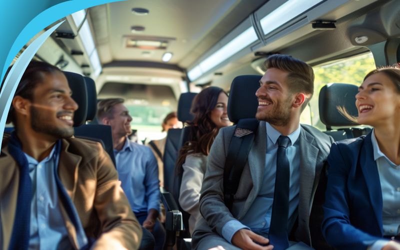 Minibus for corporate team building, featuring happy travellers enjoying the ride, Business travel, May 2024, Australia